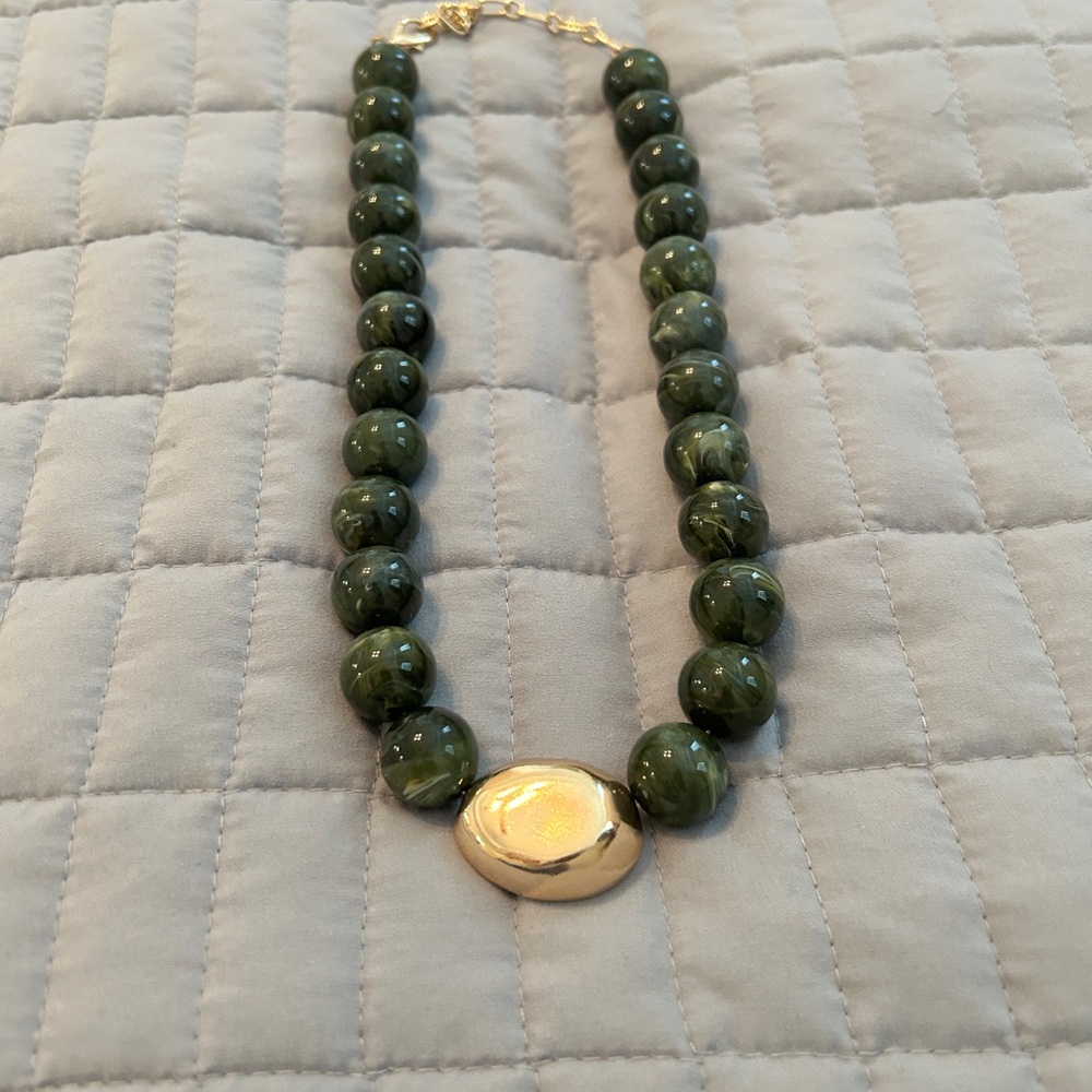 Green Bead Necklace with Gold Accent - Women Jewelry